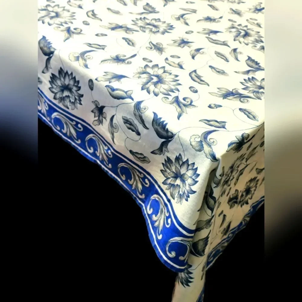 Vintage India White blue floral tablecloth